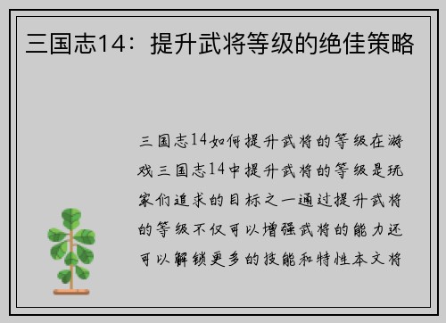 三国志14：提升武将等级的绝佳策略